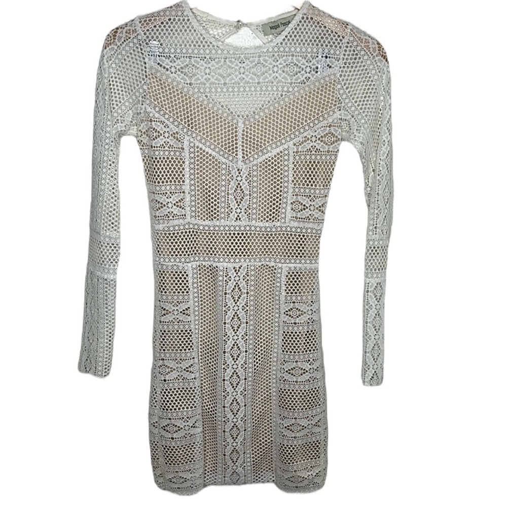 Magali Pascal White Lace Crochet Long Sleeve Open Back Mini Dress Women Size XS